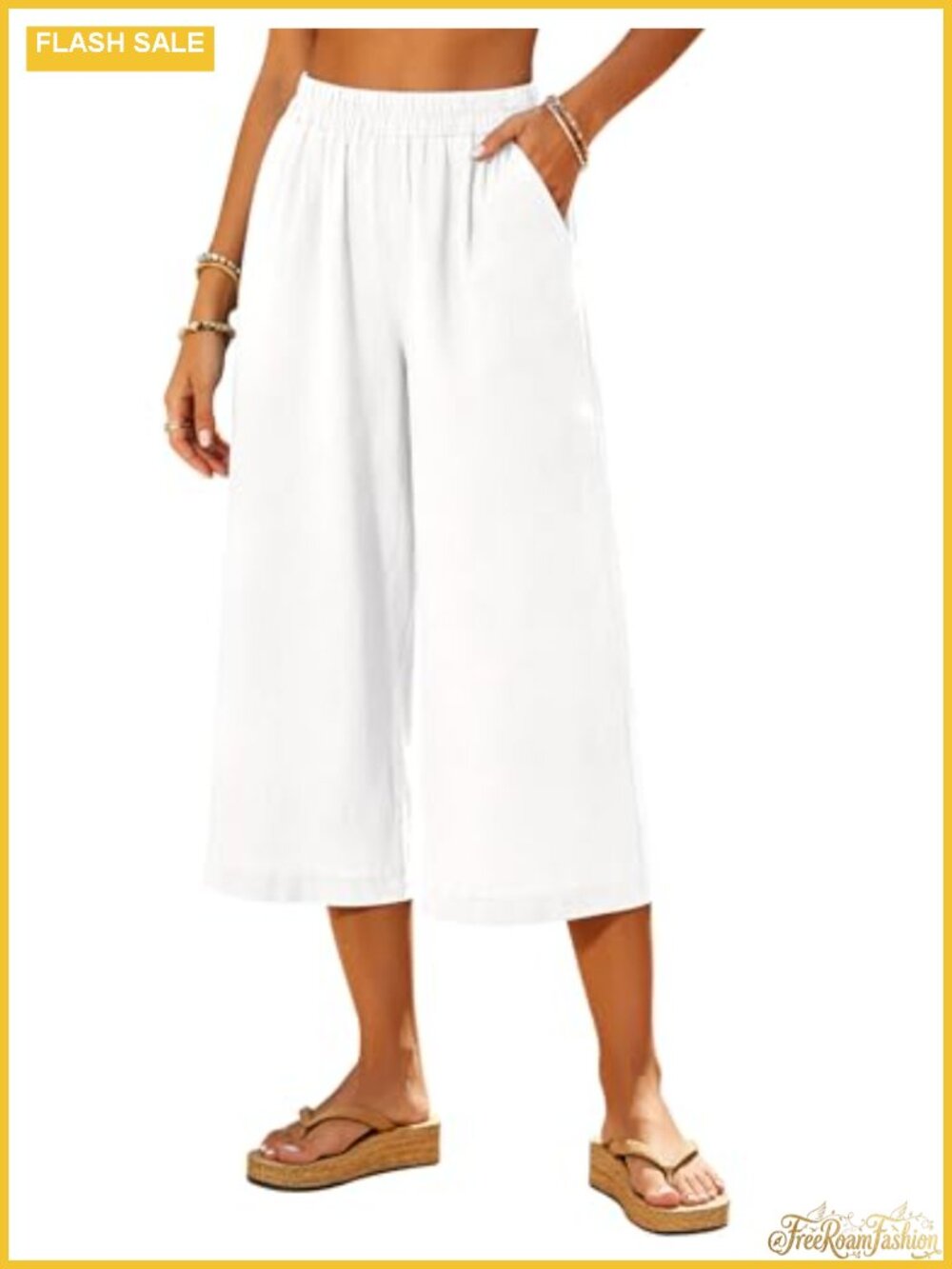 Women Wide Leg Capri Linen Blend Pants Cropped Summer Lounge Travel